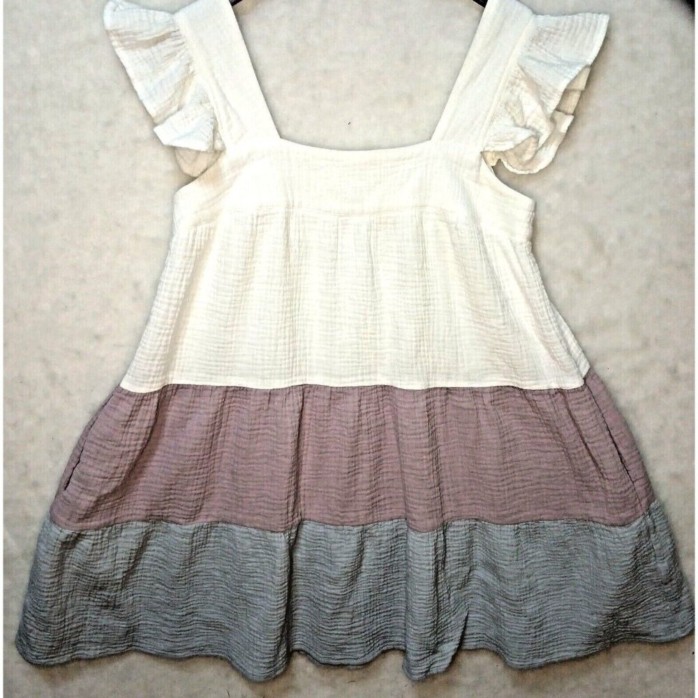 Cottage Core Sleeveless Dress Womens Medium White Color Block  Ruffled Shoulder